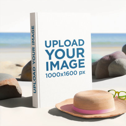 Mockup of an AI-Generated Hardcover Book Placed Near a Beach m34910