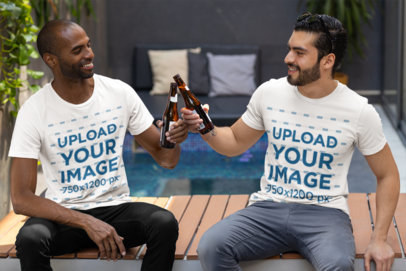 Bella Canvas T-Shirt Mockup of Two Men Drinking Beers in a Bachelor Party
