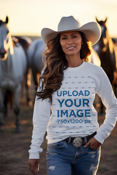 Western-Aesthetic Mockup of a Woman Wearing a Sweatshirt and a Cowgirl Hat