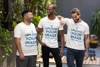 Bella Canvas T-Shirt Mockup of Three Happy Men in a Bachelor-Themed Party