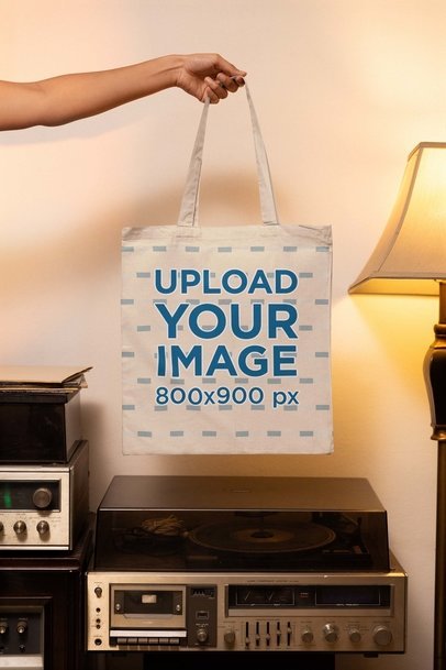 Mockup of a Woman Carrying a Tote Bag Near Some Old Vintage Vinyl Players m37040