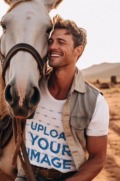 Western-Aesthetic T-Shirt Mockup of a Smiling Man Hugging His Horse
