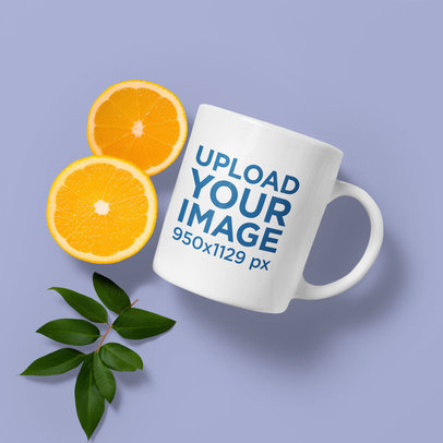 Mockup of an AI-Generated Coffee Mug Placed Next to Orange Slices and Almonds