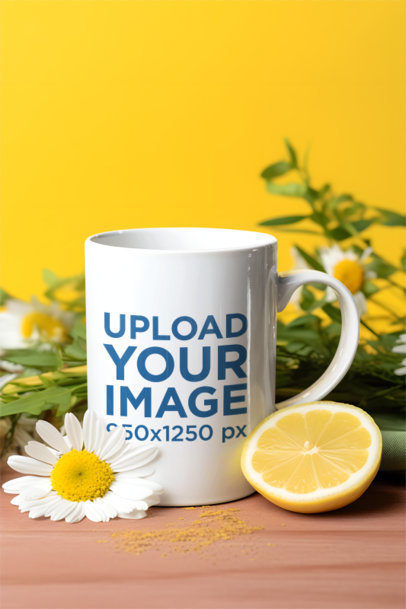 AI-Generated Mockup Featuring a Coffee Mug Surrounded by Flowers and a Lemon Slice