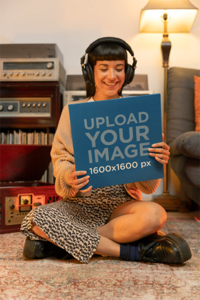 Mockup of a Happy Woman Holding a Vinyl Album in a Music Studio