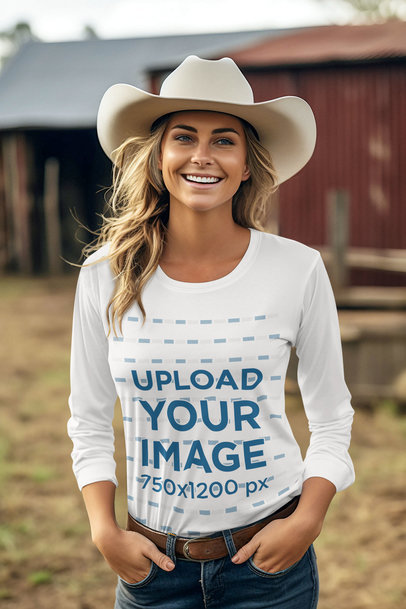 Western-Aesthetic Mockup Featuring an AI-Generated Cowgirl Wearing a Long Sleeve Tee