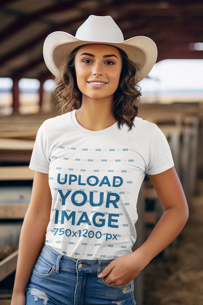 T-Shirt Mockup of an AI-Generated Woman Wearing a Cowboy Hat at a Barn m36800