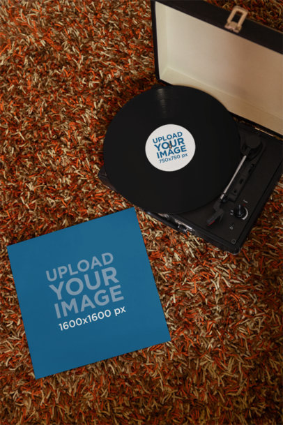 Mockup of a Vinyl Record and Its Cover Featuring a Vintage Turntable m37055