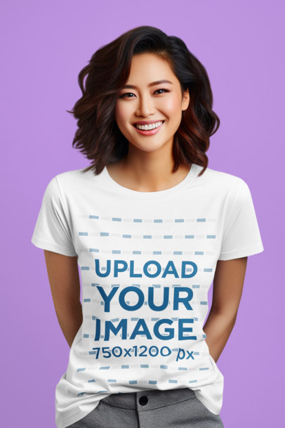 Round-Neck T-Shirt Mockup Featuring an AI-Generated Cheerful Woman for Women's Day
