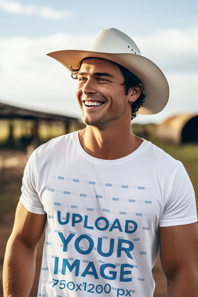 Western-Inspired T-Shirt Mockup Featuring a Smiling Man Wearing a Cowboy Hat