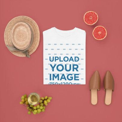 Summer-Inspired Mockup Featuring a Folded T-Shirt Next to Fruit and a Straw Hat m1646