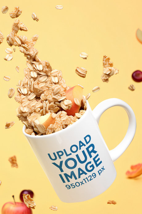 Mockup of an 11 oz Coffee Mug Filled with Oatmeal and Fruit