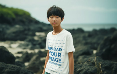Mockup Featuring a Boy Wearing a Rounded-Neck Tee at the Beach m34022