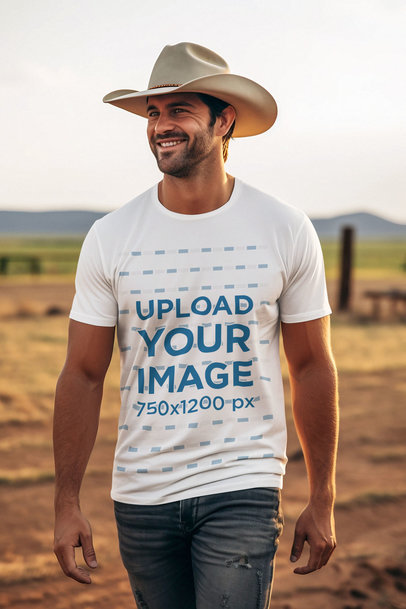 Western-Aesthetic Mockup of a Smiling Man Wearing a T-Shirt and a Cowboy Hat