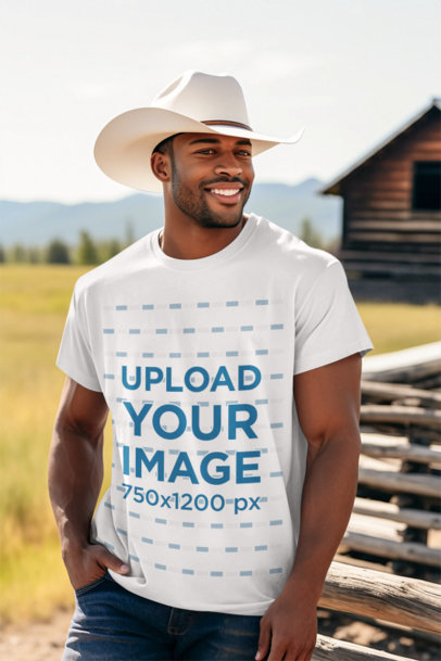 T-Shirt Mockup Featuring an AI-Created Man Wearing a Cowboy Hat in a Ranch
