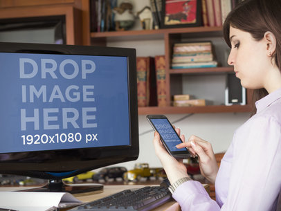 Mockup Template of Woman Using PC and Android Phone at Home Office