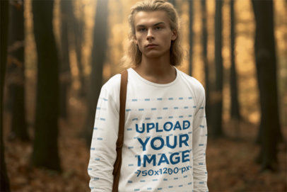 Movie-Inspired Long Sleeve T-Shirt Mockup of a Man with Long Hair Standing in a Forest m34031