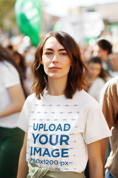 Crewneck Tee Mockup of an AI-Created Woman at a Women's Day Protest