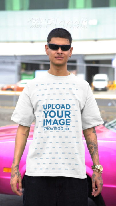 Yazbek T-Shirt Video Featuring a Serious Man With Tattoos Posing Against a Car