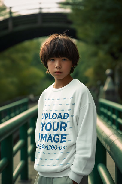 Crewneck Sweatshirt Mockup of an AI-Created Kid Standing Under a Bridge