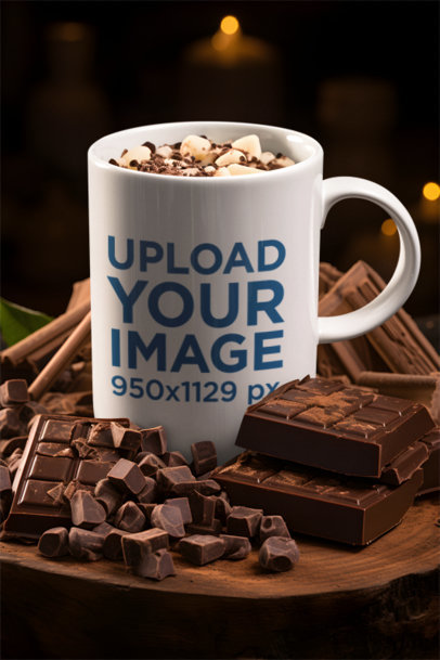 Mockup of an 11 oz Coffee Mug Filled with Chocolate and Marshmallows