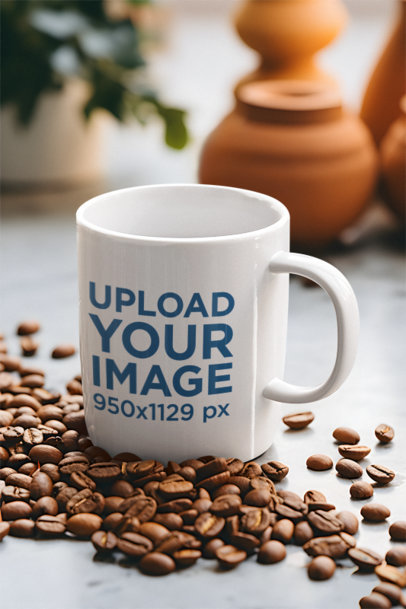 AI-Generated Mockup of an 11 Oz Coffee Mug Surrounded by Coffee Beans