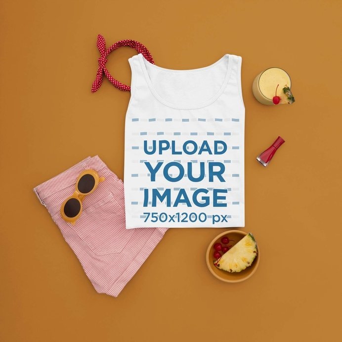 Tank Top Mockup Featuring a Summer Outfit with Tropical Drinks