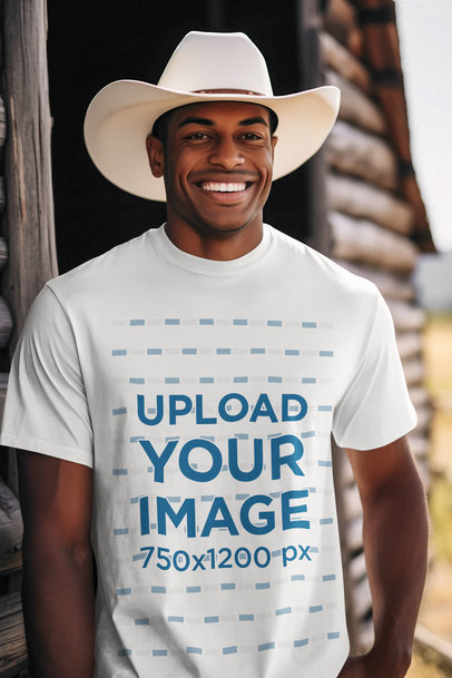Western-Themed Mockup of a Smiling Man Wearing a Crewneck Tee and a Cowboy Hat