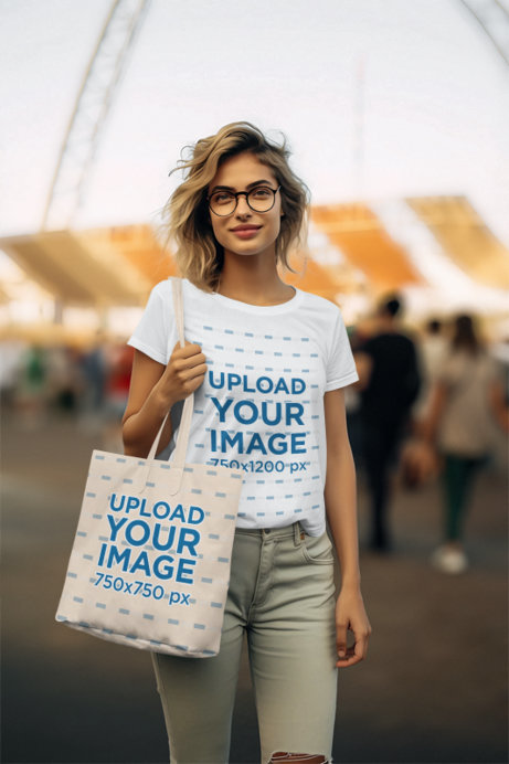 Crewneck Tee Mockup of a Woman with Glasses Carrying a Tote Bag at a Concert