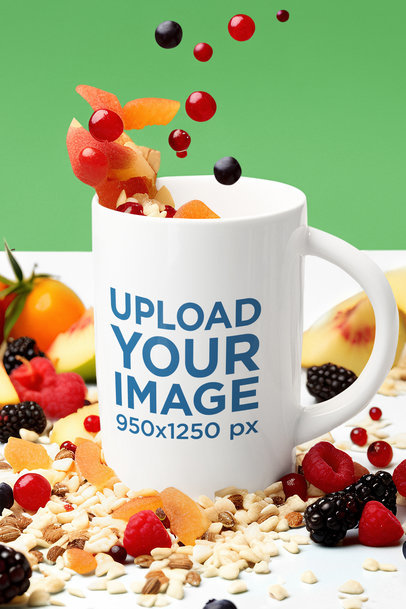 Mockup of an AI-Generated Coffee Mug Filled With Fruits and Granola