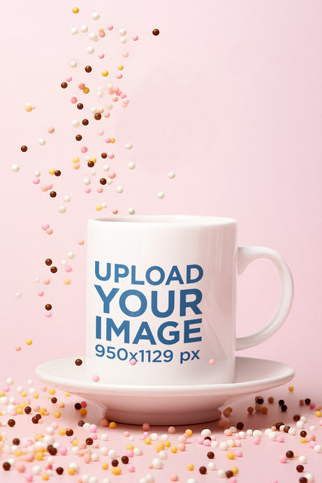3D Mockup Featuring a Rendered Mug with Colorful Candy Pearls