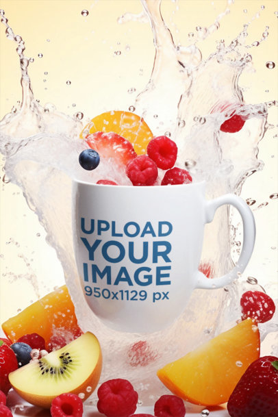 Mockup of a Floating Coffee Mug Filled with Healthy Fruit and Splashing Water
