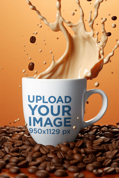 Mockup of an AI-Generated Mug Surrounded by Coffee Beans and Splashing Milk m36515