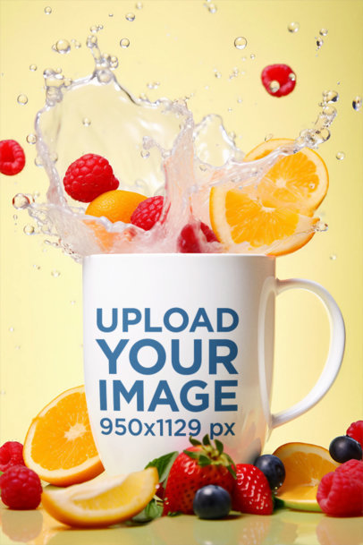 AI-Generated Mockup of a Coffee Mug Featuring Fruits and Floating Water Splashes
