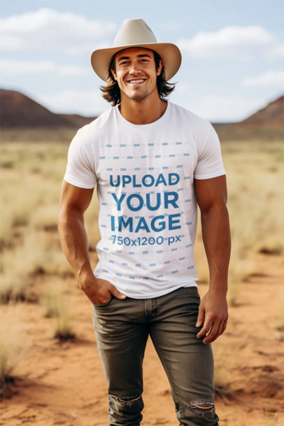 Western-Themed Mockup of an AI-Created Man Wearing a Tee and a Cowboy Hat on a Ranch