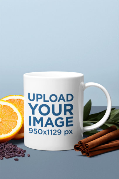 Mockup of an AI-Created Coffee Mug With Orange Slices and Cinnamon Sticks