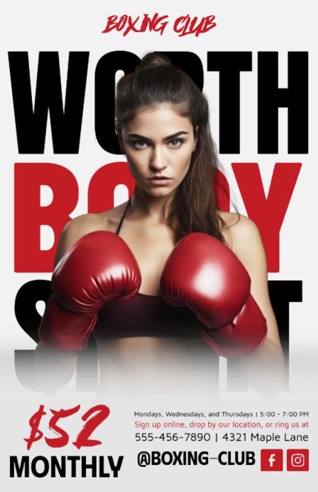 Flyer Design Creator with an AI-Generated Female Boxer for a Boxing Club