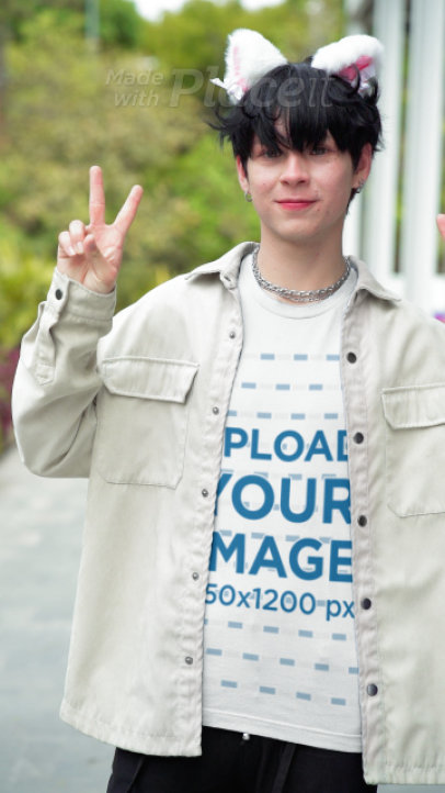 Bella Canvas T-Shirt Video of a Man with Cat Ears Inspired by a Harajuku Aesthetic