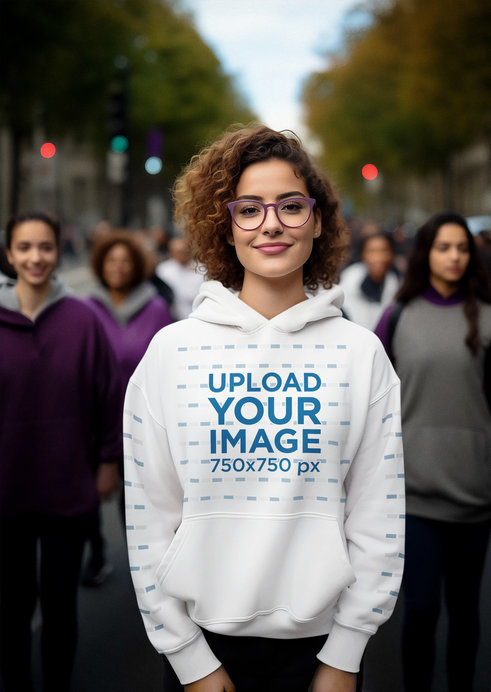 Pullover Hoodie Mockup of a Woman with Glasses Marching for International Women's Day