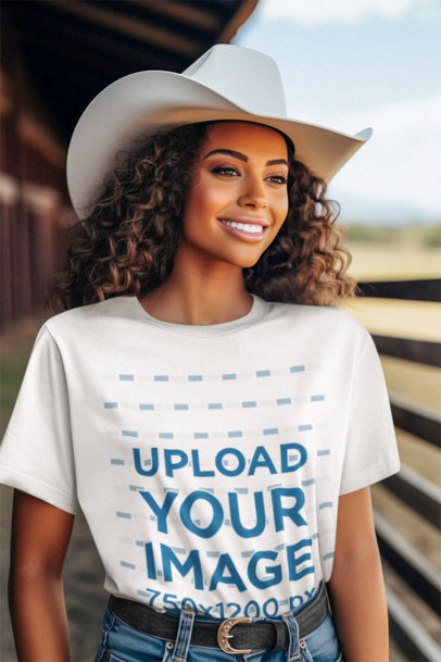 T-Shirt Mockup Featuring a Smiling Curly-Haired AI-Created Woman in a Western Setting