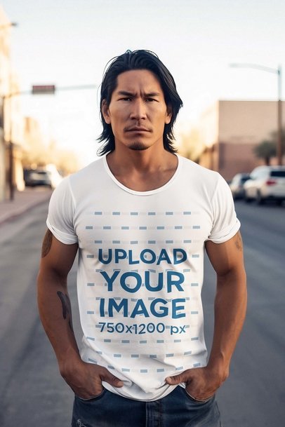 T-Shirt Mockup of an AI-Created Muscular Man with Arm Tattoos