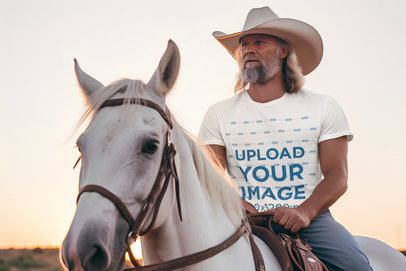 Western-Aesthetic T-Shirt Mockup of a Bearded Cowboy Riding a Horse