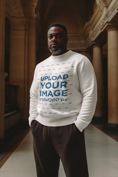 AI-Generated Mockup of a Man Wearing a Sweatshirt in a Museum