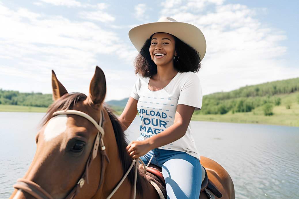 Round-Neck Tee Mockup of a Happy AI-Generated Woman Riding a Horse Near a Lake