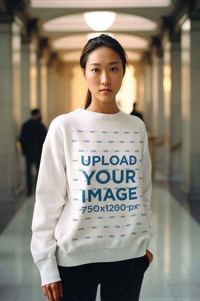 Sweatshirt Mockup of a Woman with a Serious Face Standing in a Hallway m33857