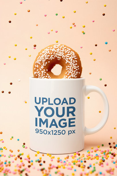 Mockup of an AI-Generated Coffee Mug Featuring a Donut and Raining Colorful Pearls m36271