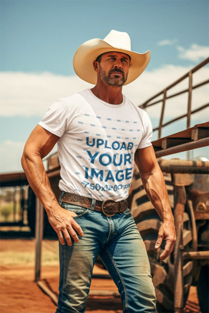 Western-Themed T-Shirt Mockup Featuring a Bearded Man Wearing a Cowboy Hat