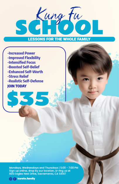 Informative Flyer Design Maker Promoting a Kung Fu School for Kids ED-6810g