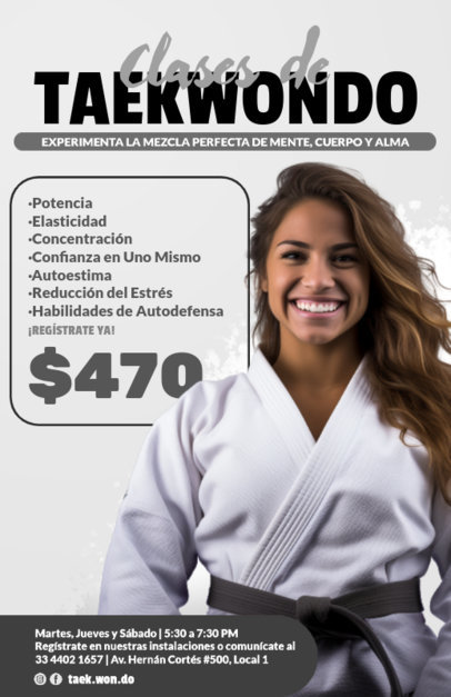 Flyer Design Template for Taekwondo Lessons Featuring a Smiling Karateka  ED-6810h