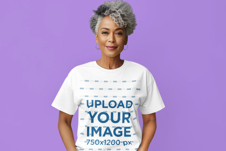 T-Shirt Mockup Featuring an AI-Created Smiling Senior Woman Posing for International Women's Day